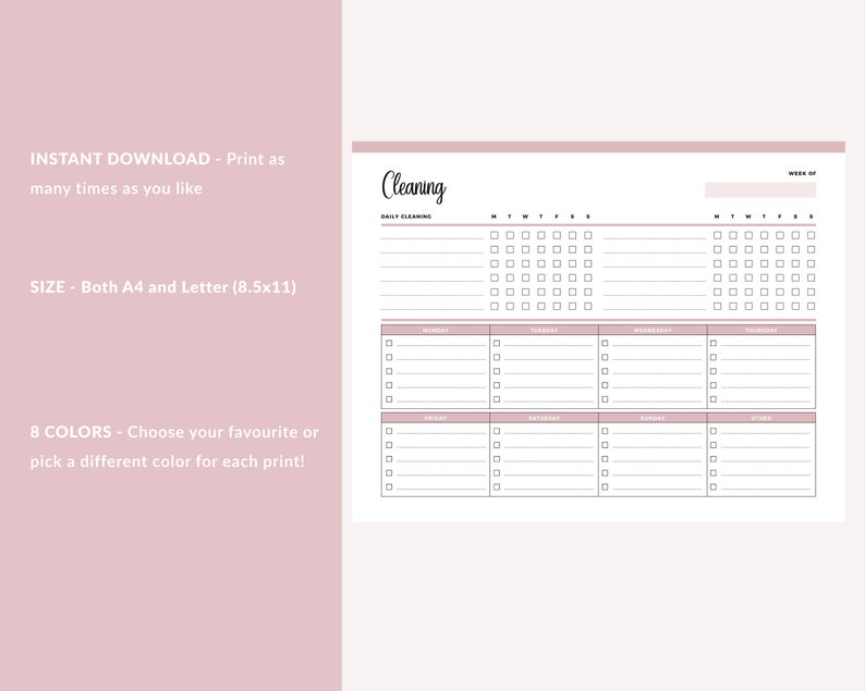 Daily cleaning checklist printable showing instant download feature with A4 and Letter size options and 8 color choices, displaying weekly task tracking layout with daily and weekly task sections.