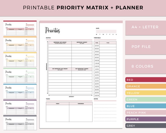Work Priority Matrix Printable, Eisenhower Matrix, Daily Task Planner, Action priority Planner, Decision Matrix, Priority List, A4 / Letter