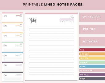 Printable Lined Notes Pages, Note Taking Paper with Date, Lined Paper PDF, Study and Meeting Notes, Planner Insert, A4, US Letter, 8 Colors