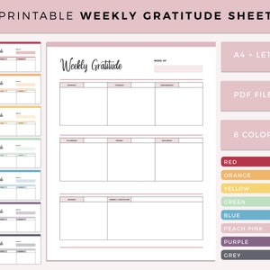 Diario de gratitud imprimible, Planificador semanal de gratitud, Diario de cuidado personal, Diario de atención plena, Diario, A4 y tamaño carta