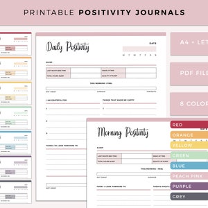 Diario de positividad imprimible, planificador de pensamiento positivo, diario de gratitud, diario de atención plena, pensamiento positivo, A4 y carta estadounidense