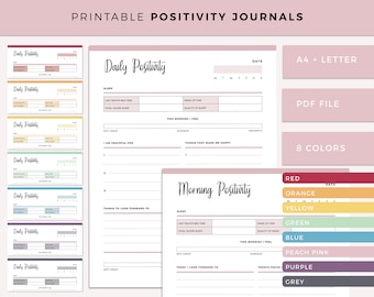 Printable positivity journal, positive thinking planner, gratitude journalling, mindfulness diary, think positive, A4 and US Letter