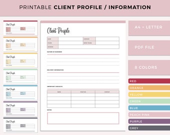 May include: Printable client profile template in 8 colors: red, orange, yellow, green, blue, peach pink, purple, and grey. The template includes sections for name, company, phone, address, nature of business, delivery information, important contacts, and notes. The template is available in A4 and Letter sizes and in PDF format.