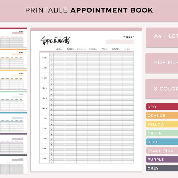 Printable appointment book, Print at home Timeslot booking template for small business, 15 minute interval weekly appointment list