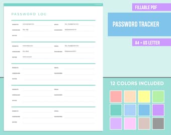 Fillable Password Tracker Printable, 12 Colors (PDF)