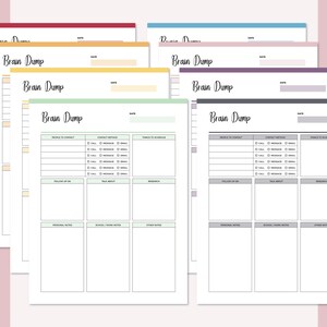 May include: A set of six printable brain dump pages in various pastel colors. Each page has a section for "People to Contact", "Contact Method", "Things to Schedule", "Follow Up On", "Talk About", "Research", "Personal Notes", "Business/Work Notes", and "Other Notes".