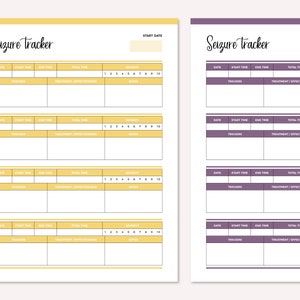 May include: A printable seizure tracker with yellow and white columns. The tracker has sections for date, start time, end time, total time, triggers, treatment, effectiveness, and severity. The tracker has a section for notes and a section for start date.