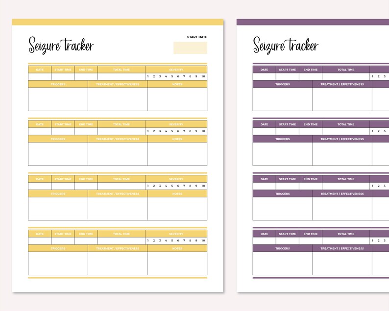 May include: A printable seizure tracker with yellow and white columns. The tracker has sections for date, start time, end time, total time, triggers, treatment, effectiveness, and severity. The tracker has a section for notes and a section for start date.