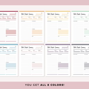 Grid of eight Bible study printable templates in different colors—red, orange, yellow, green, blue, pink, purple, and grey—each showing the chapter summary layout with fill-in sections for scripture study and notes.