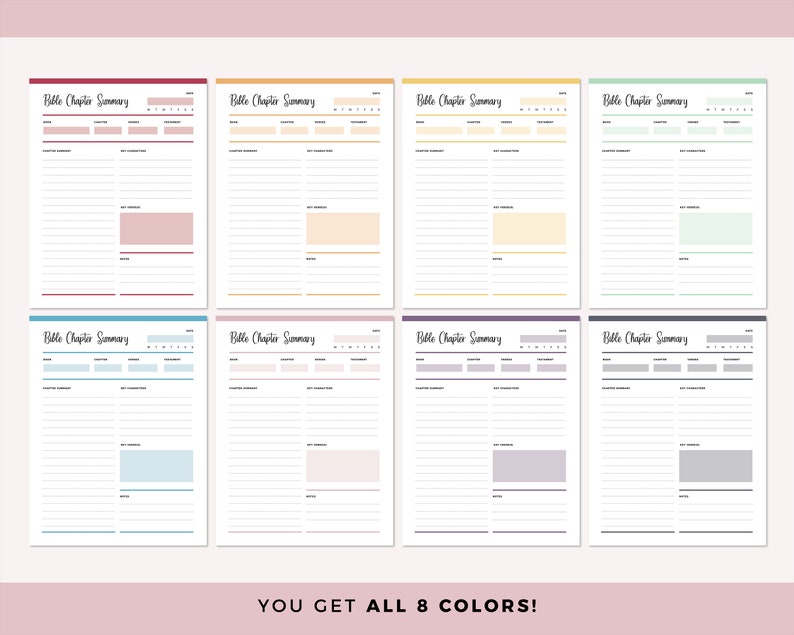 Grid of eight Bible study printable templates in different colors—red, orange, yellow, green, blue, pink, purple, and grey—each showing the chapter summary layout with fill-in sections for scripture study and notes.
