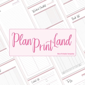May include: A collection of printable planner pages with titles like "Notes", "Workout Checklist", "Book List", "Move List", "Contact List", and "To Do". The pages are designed with a pink and white color scheme and feature a grid pattern.