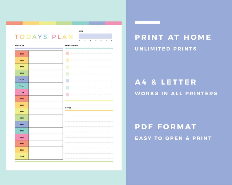 Daily planner for kids page displaying Schedule section with colored hourly time slots 6AM-10PM, Things To Do checklist, date calendar, and Notes area, with text overlay showing A4 & Letter PDF format details.