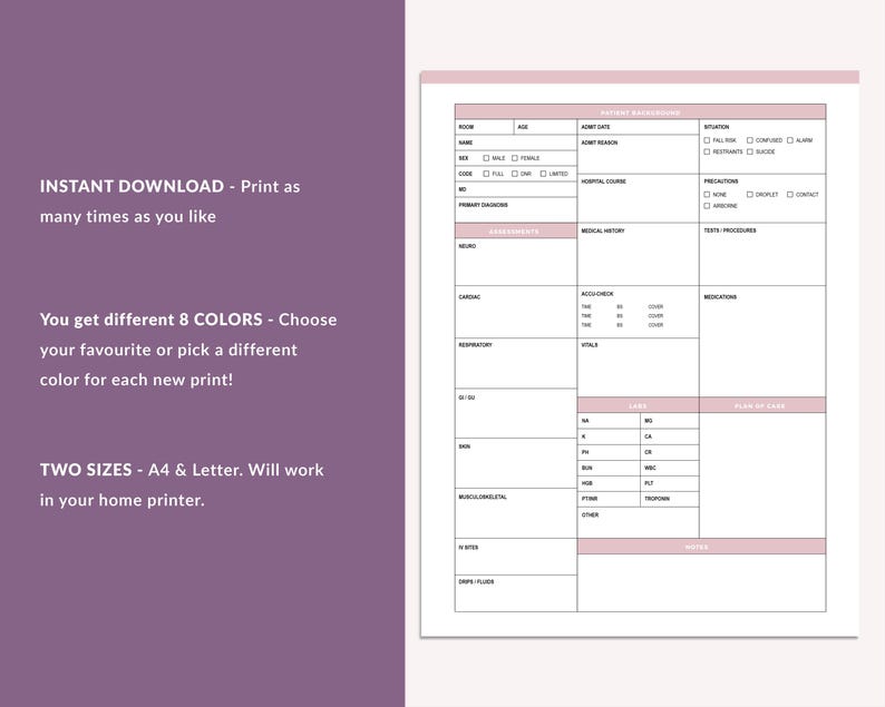 Nurse brain sheet printable with key features listed: instant download, 8 colors included and two sizes, A4 and US Letter