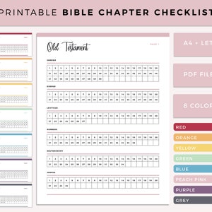 Lista de verificación de capítulos bíblicos imprimible, registro bíblico, seguimiento bíblico, plan de lectura bíblica, Biblia en un año, Biblia protestante, tamaño A4 y carta