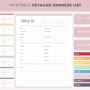 Printable Detailed Address Book, Address List, Contact List, contact information template, phone directory, phone book a4 and letter