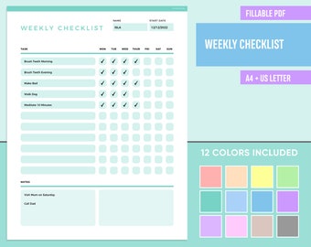 May include: A printable weekly checklist with a light blue background. The checklist includes a section for tasks, notes, and a daily calendar. The text "WEEKLY CHECKLIST" is at the top of the page. The text "FILLABLE PDF" is in the top right corner. The text "A4 + US LETTER" is in the bottom right corner. The text "12 COLORS INCLUDED" is in the bottom right corner. The text "NAME" and "START DATE" are in the top left corner. The text "ISLA" and "12/12/2022" are in the top left corner. The text "MON", "TUE", "WED", "THU", "FRI", "SAT", "SUN" are at the top of the daily calendar. The text "Brush Teeth Morning", "Brush Teeth Evening", "Make Bed", "Walk Dog", "Meditate 10 Minutes", "Visit Mum on Saturday", "Call Dad" are in the task and notes sections.