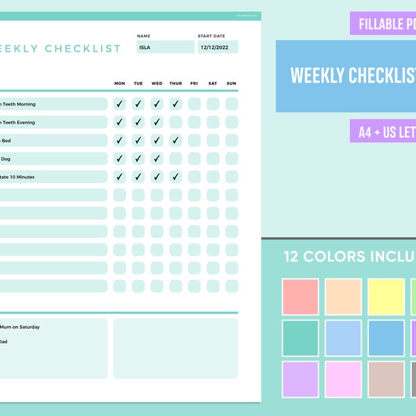 Editable Weekly Checklist, Weekly Planner, Weekly To Do List, Daily To Do List, Daily Checklist Kids, Daily Work Checklist