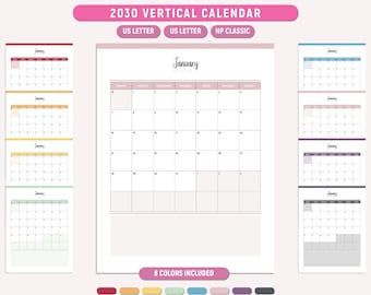 Druckbarer Kalender Hochformat, vertikaler Wandkalender, Jahreskalender 2030, das Jahr auf einen Blick, A4/Letter/Happy Planner, druckbares PDF