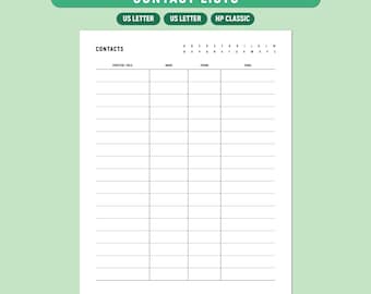 Kontaktliste Printable, Adressbuch Vorlage, Telefonnummer Liste, Kontakte Organizer, A4/Letter/Happy Planner, ausfüllbares PDF