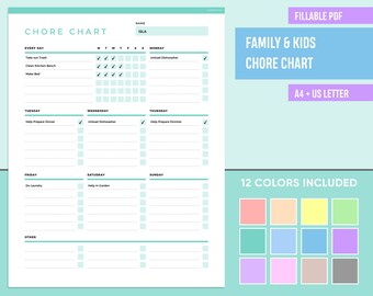 May include: A printable chore chart for families and kids. The chart is divided into daily, weekly, and other chores. It includes a space for a name and a check box for each chore. The chart is in a light blue and green color scheme.