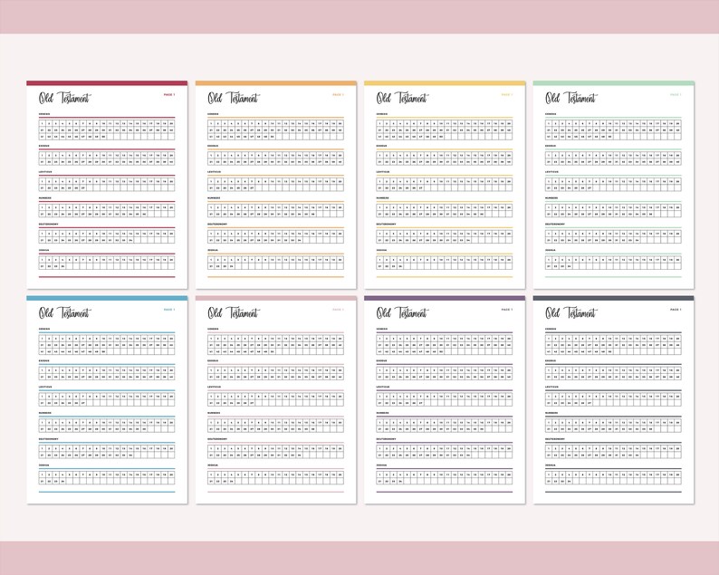 May include: Seven printable pages with a grid layout for tracking Old Testament reading progress. Each page features a different color scheme: burgundy, yellow, green, blue, pink, purple, and gray.