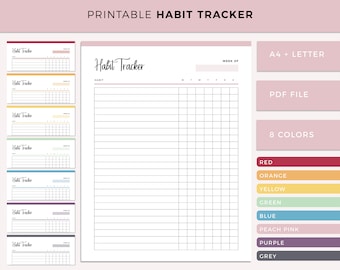 May include: Printable habit tracker in 8 colours: red, orange, yellow, green, blue, peach pink, purple, and grey. The tracker has a space for the week of and a grid for daily tracking. The tracker is available in A4 and Letter sizes and in PDF format.