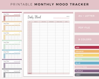 Printable mood tracker, daily mood tracking, emotion log monthly, emotion tracking journal, A4 and letter size, print at home