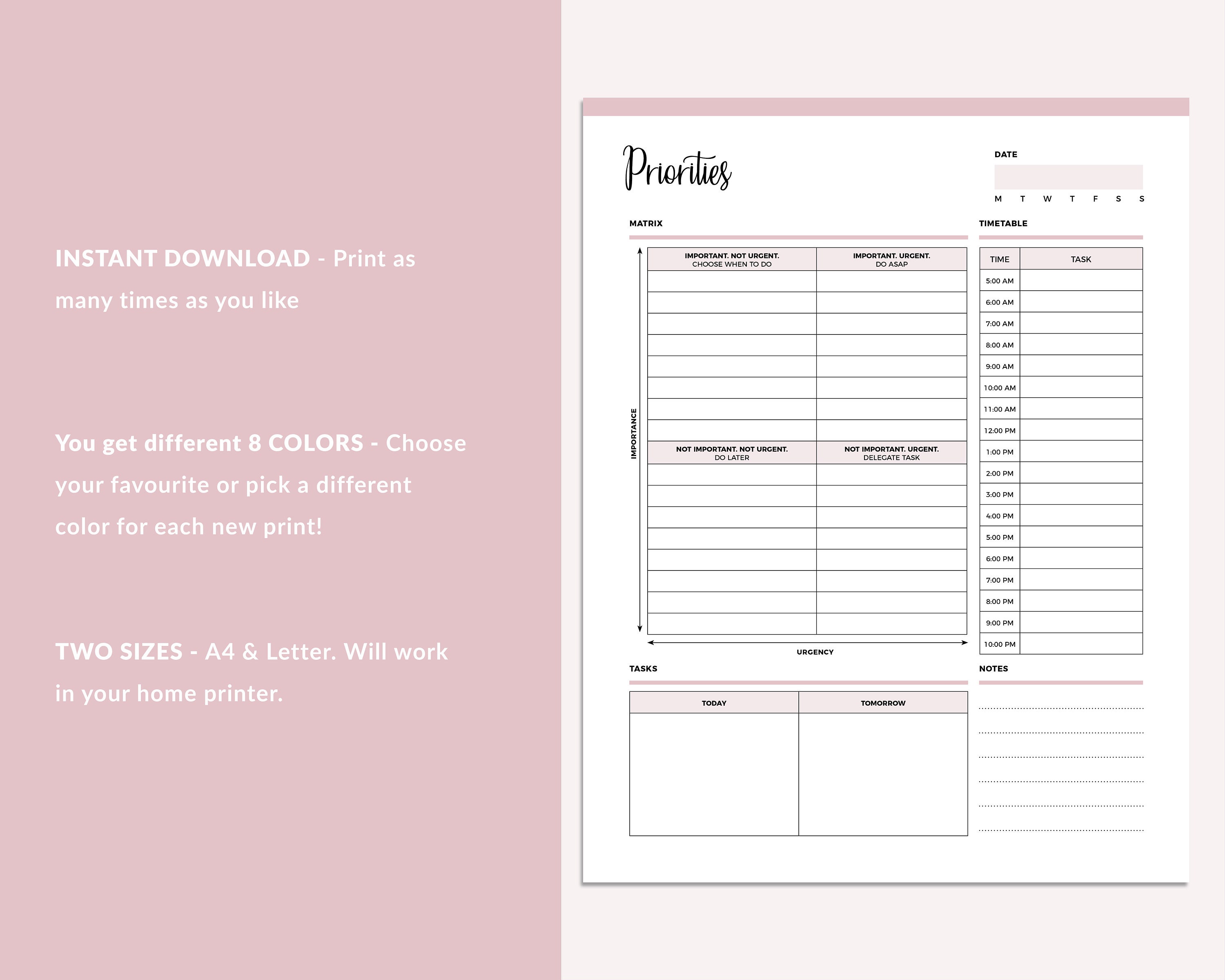 Work Priority Matrix Printable, Eisenhower Matrix, Daily Task Planner ...