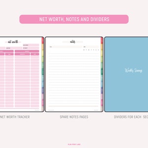 Three pages showing net worth tracker in pink with assets and liabilities columns, spare notes page with title and date fields, and weekly savings divider section with light blue background.