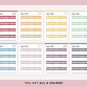May include: Eight printable planner pages with the text "Sagure Tracker" at the top. The pages are in different colors: red, yellow, green, blue, pink, purple, gray, and black.