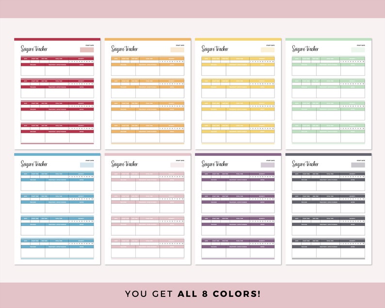 May include: Eight printable planner pages with the text "Sagure Tracker" at the top. The pages are in different colors: red, yellow, green, blue, pink, purple, gray, and black.