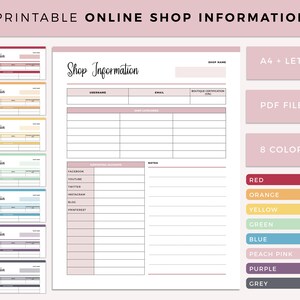 May include: Printable online shop information template in pink with sections for shop name, username, email, boutique certification, social media accounts, and notes. The template is available in 8 colors: red, orange, yellow, green, blue, peach pink, purple, and grey.