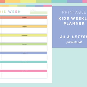 Planificador semanal imprimible para niños, planificador arco iris para niños, gráfico semanal para niños, calendario, horario semanal para niños, tamaños A4 y carta de EE. UU.