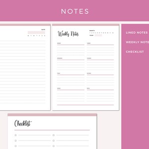 Emergency binder notes section with lined notes page, weekly notes organized by day of week, and checklist pages for organizing additional information and reminders.