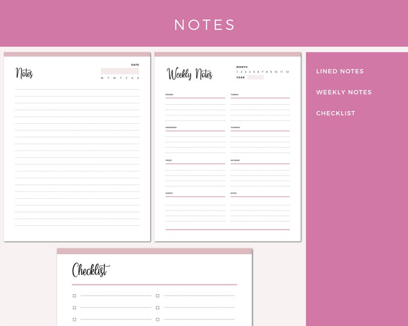 Emergency binder notes section with lined notes page, weekly notes organized by day of week, and checklist pages for organizing additional information and reminders.