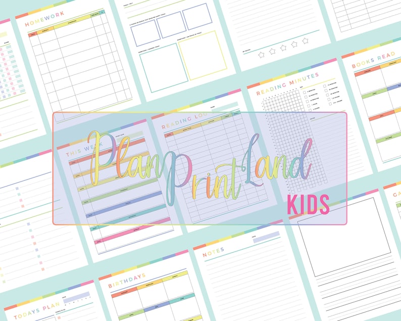 Flat lay of multiple printable planner pages for kids including homework tracker, reading logs, bookmarks, and daily schedules arranged on mint background with rainbow-colored borders and 'Plan Print Land Kids' branding.