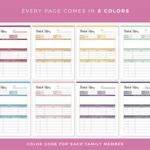 Medical history pages from emergency binder printable in 8 color options with red, orange, yellow, green, blue, pink, purple, and grey theme headers for organizing patient information and allergy tracking.