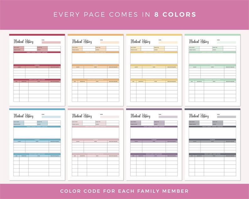 Medical history pages from emergency binder printable in 8 color options with red, orange, yellow, green, blue, pink, purple, and grey theme headers for organizing patient information and allergy tracking.