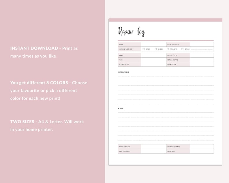 Mechanic Labor Guide Log Printable Mechanic Repair Log - Auto Body Repair Sheet, Mechanical ...