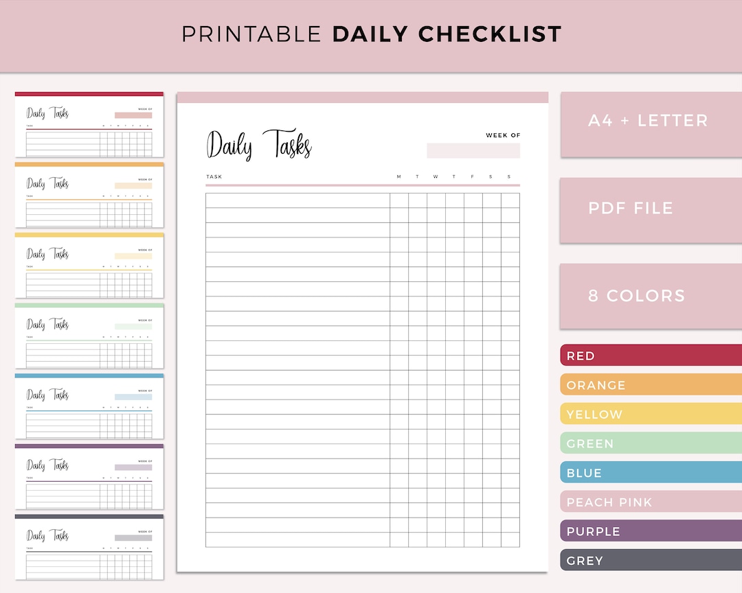 Printable Daily Checklist, Daily Task Checklist Template, Print at Home Weekly Habits, Day by Day, to Do Checklist, Daily Discipline List - Etsy printable-daily-checklist-daily-task-checklist-template-print-at-home-weekly-habits-day-by-day-to-do-checklist-daily-discipline-list-etsy