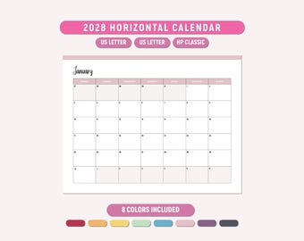 Druckbarer Kalender 2028, Querformat, horizontaler Wandkalender, Jahreskalender 2028, horizontal, A4/Letter/Happy Planer, druckbare PDF-Datei