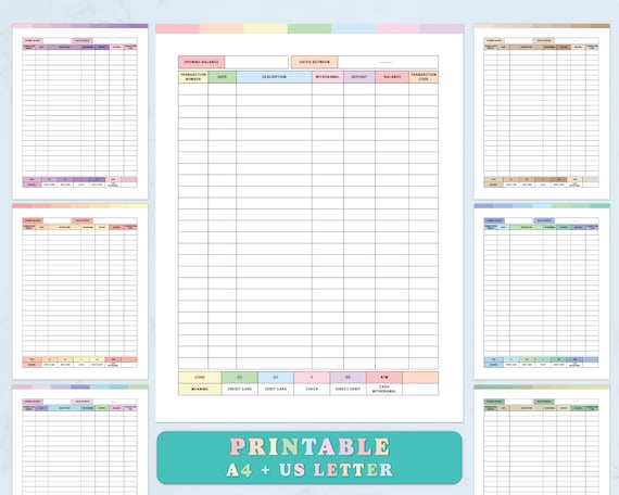 Printable checkbook register PDF, check book balance log, account ledger, income & expenses balance sheet, A4 / Letter size, account ledger
