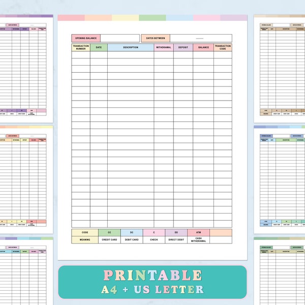 Printable checkbook register PDF, check book balance log, account ledger, income & expenses balance sheet, A4 / Letter size, account ledger