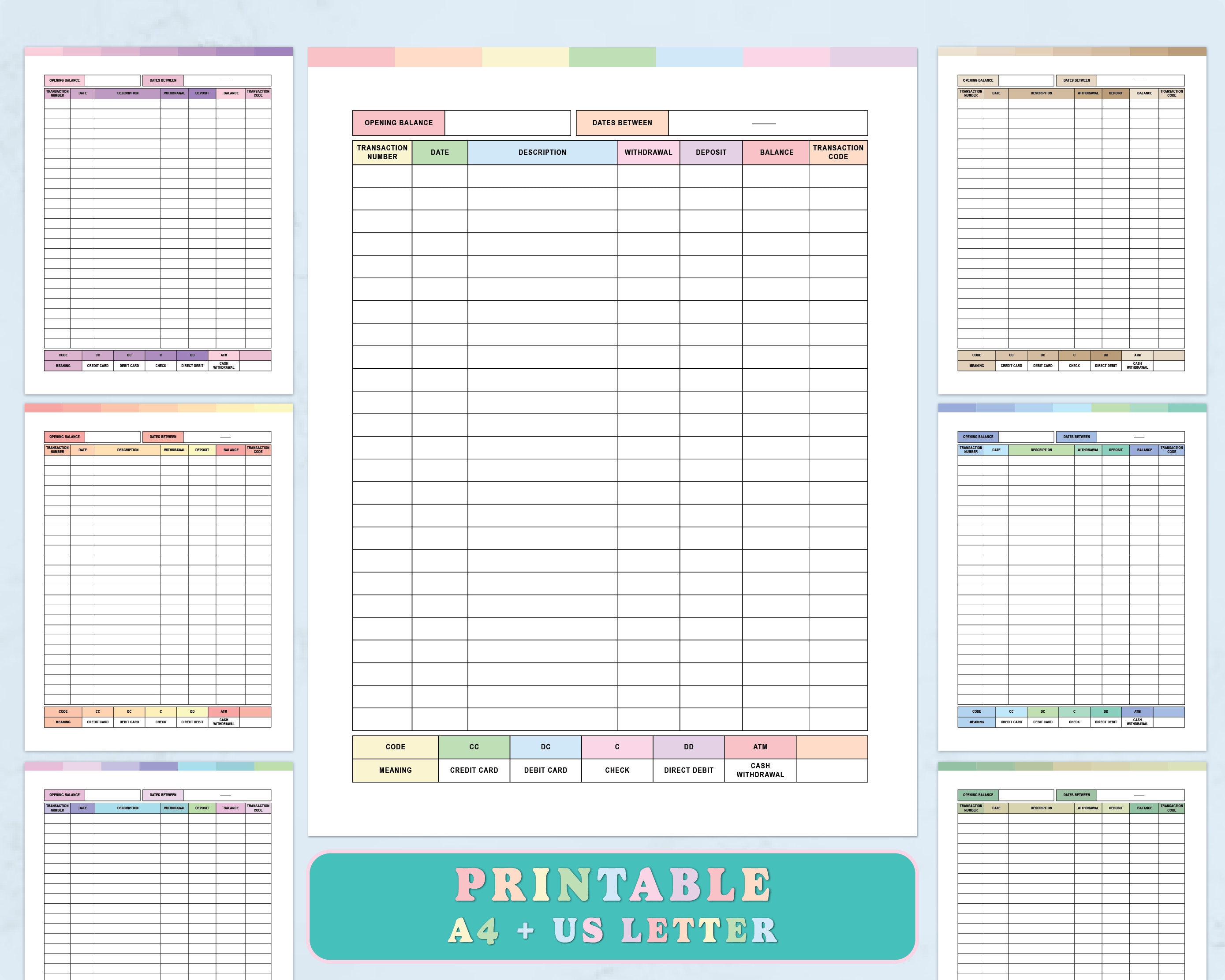 Printable checkbook register PDF, check book balance log, account ledger, income & expenses balance sheet, A4 / Letter size, account ledger