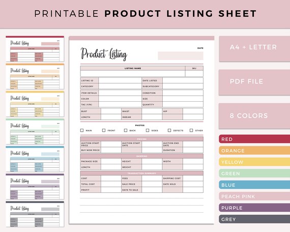 Printable Product Listing Sheet Ebay Planner Reseller | Etsy India