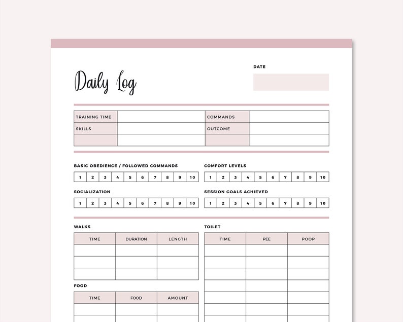 May include: A printable daily log for dog training. The log includes sections for training time, skills, commands, outcome, basic obedience, socialization, comfort levels, session goals achieved, walks, toilet, and food.