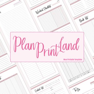 May include: A collection of printable planner pages with titles such as "Notes", "Workout Checklist", "Book List", "Move List", "Contact List", and "To Do". The pages are designed with a pink and white color scheme and feature a grid pattern.