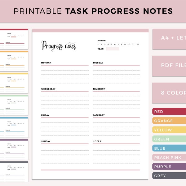 Printable Task Progress Notes, Weekly Task Tracker, Task Journal, Progress Diary, Weekly Progress Log, Progress Planning, Task Progression