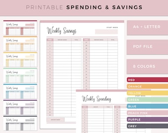 Printable Budget Sheets, Weekly Spending and Savings, 52 week, 1 year budget sheet, track spending and savings, A4 and Letter Size