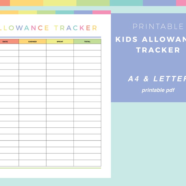 Kids Allowance Tracker, Kids Savings Log, Pocket Money record for children, save and spend kids, kids finance sheet, US Letter and A4